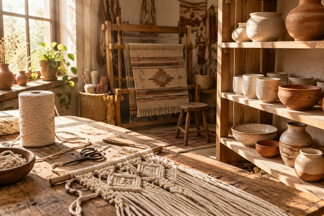 Artisan workshop with macrame cord, ceramics and woven textiles in progress