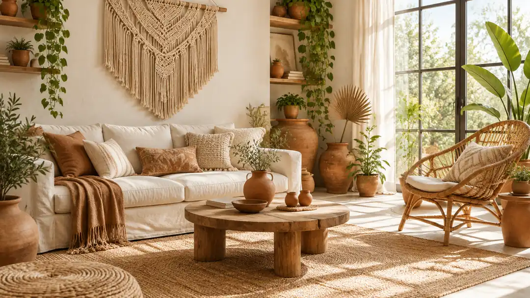 Bright boho living room with macrame hanging, woven textiles, plants and handmade ceramics