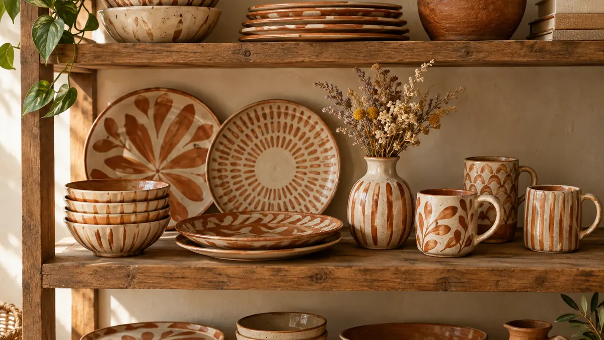 Hand-painted ceramic plates and mugs arranged on a rustic wooden shelf