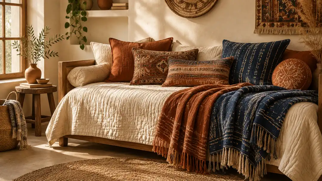Layered boho textiles with jute rug, quilted throw and patterned cushions on a daybed