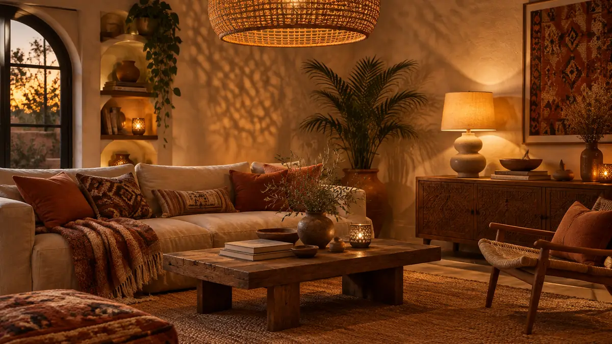 Rattan woven pendant lamp casting warm patterned light in a cozy boho dining room