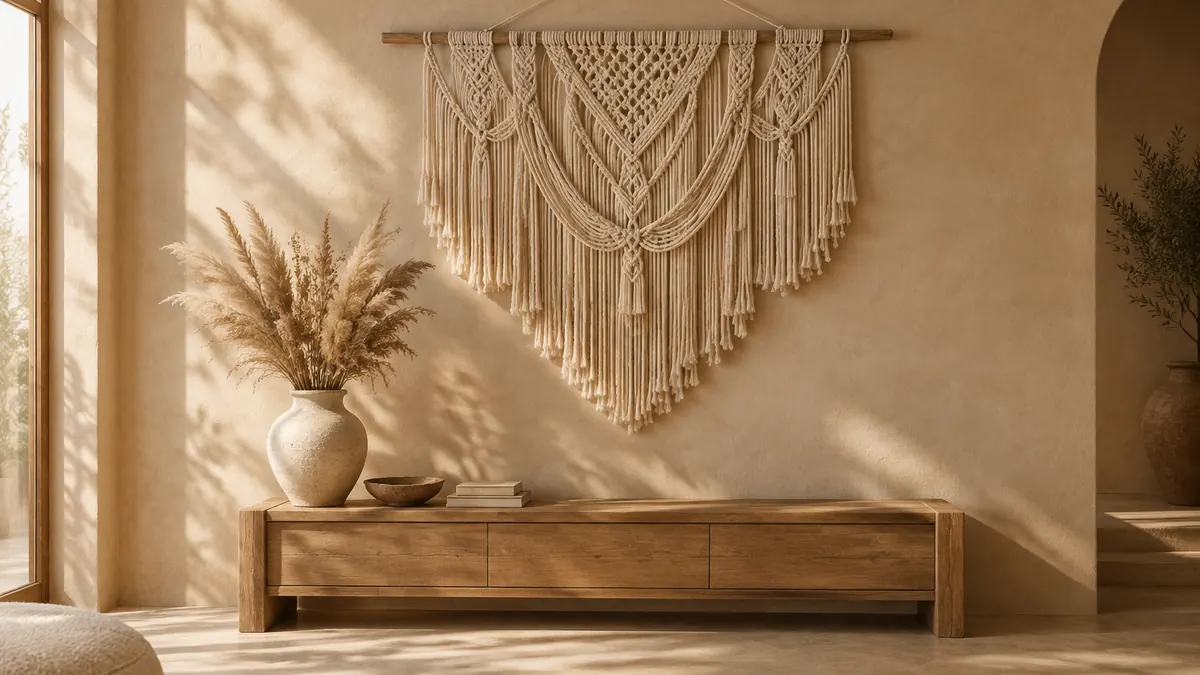 Large cotton macrame wall hanging with long fringe above a low wooden console table