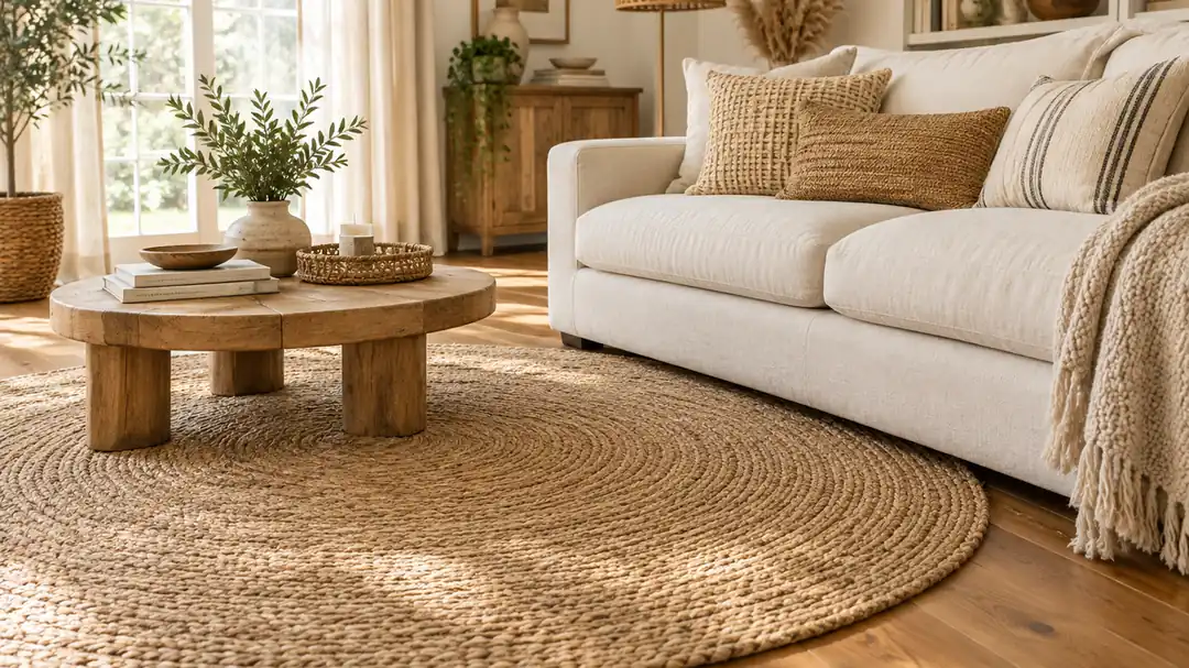 Braided natural jute area rug in a bright living room with woven cushions