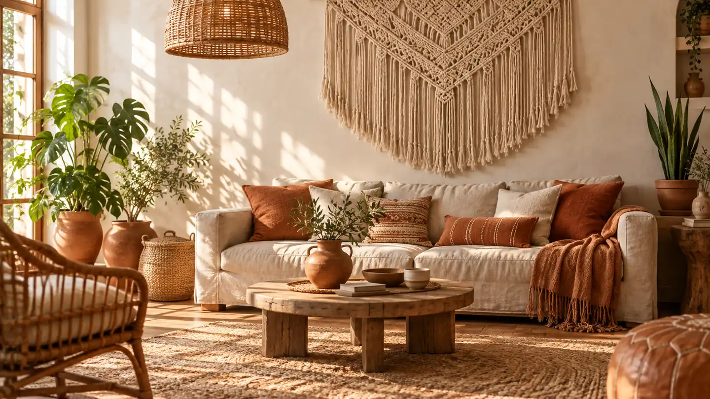 Sunlit boho living room with macrame wall hanging, woven textiles and handmade ceramics