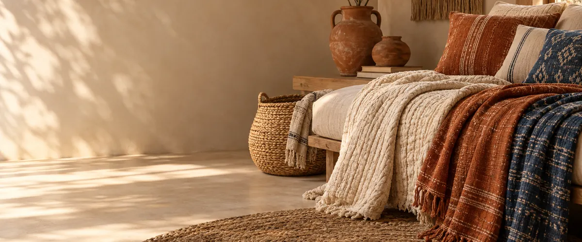 Layered boho textiles with jute rug and woven throw in warm afternoon light
